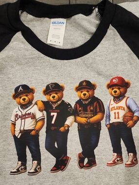 Unisex Raglan Baseball Tee with ATL TEAM Bear Players - Gray & Black
